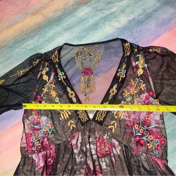 Wayward Fancies Graphic Embroidery Tulle Overlay Floral Print Crepe Empire Dress - Picture 7 of 10